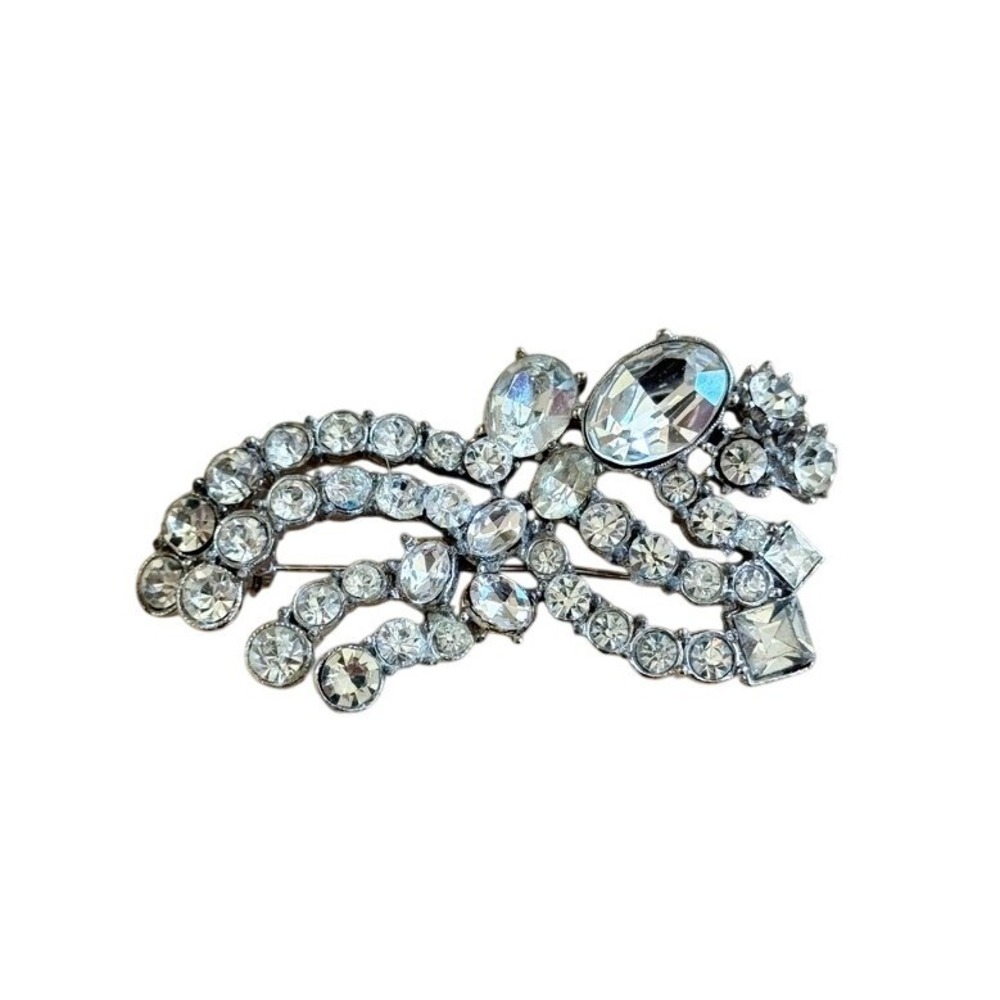 VTG Ora Signed Silver Rhinestone Pin Brooch Art Deco Paste Metal Large Sparkly